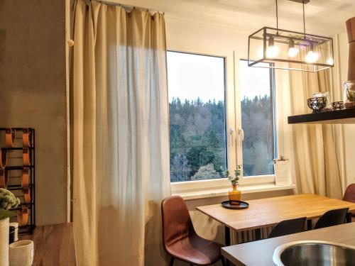 a dining room with a table and a window at Stylový apartmán přímo u lanovky, vlastní garážové stání in Janske Lazne