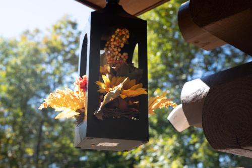 a light with a picture of a vase of flowers at Smokies Overlook Lodge in Waynesville