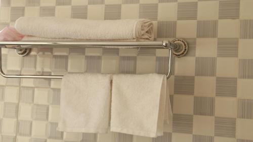 duas toalhas num toalheiro na casa de banho em Riverside Resort Hotel Kabale em Kabale