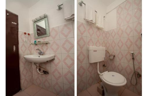 twee foto's van een badkamer met toilet en wastafel bij OYO 175 Hotel Felicity in Thapathali