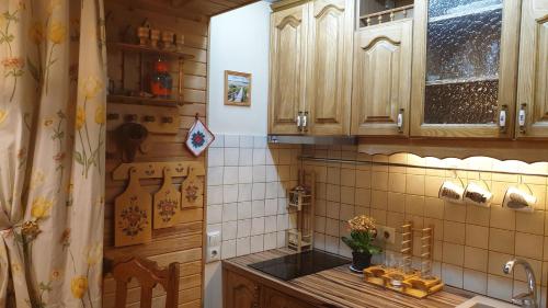 eine Küche mit Holzschränken und einer Arbeitsplatte in der Unterkunft Jurmala's Center Eco House in Jūrmala