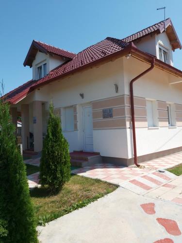 una casa blanca con garaje en Vila Jelena Divčibare, en Divčibare