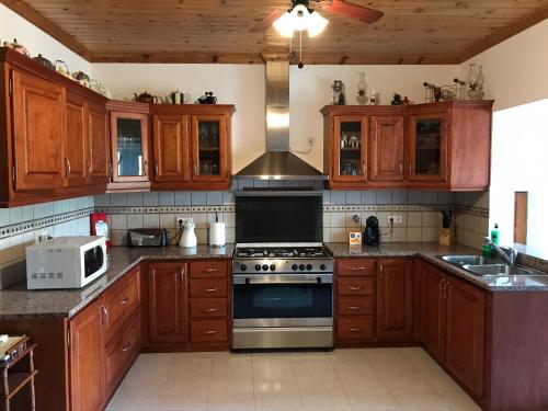 a kitchen with wooden cabinets and a stove top oven at Holiday House, São Roque do Pico in Cais do Pico