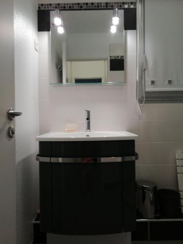La salle de bains est pourvue d'un lavabo et d'un miroir. dans l'établissement Beau T2 Climatisé sur Marina avec parking privé, à Canet