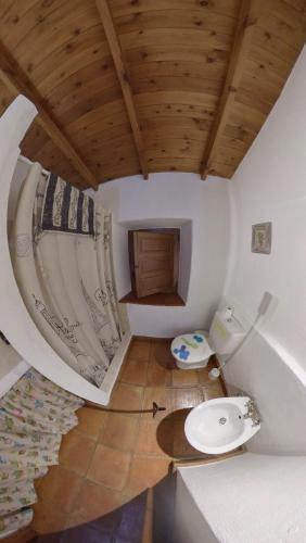 a room with a toilet and a wooden ceiling at Molino de Simón in Benaoján