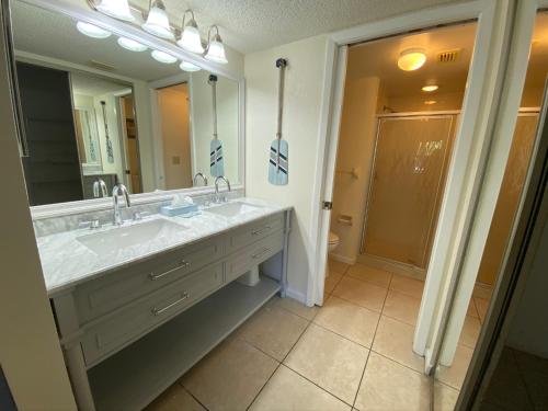 uma casa de banho com um lavatório e um espelho grande em 4330 Shorewalk lakeview condo close to IMG and Beach em Bradenton