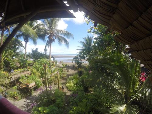 a view of a beach with palm trees and the ocean at Casa Colibrí in Nuquí