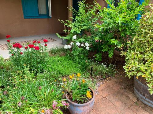 a garden with flowers and plants in front of a house at Casa Azul de San Pancho in Paredones