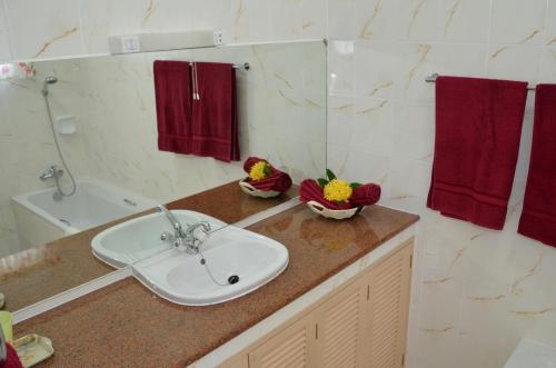 a bathroom with a sink and a toilet and red towels at Ixora Villa in Anse Royale