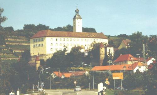 a large white building with a clock tower on a hill at Hotel zum Lamm in Gundelsheim