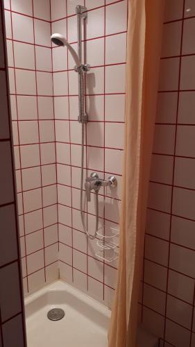 bagno con doccia e piastrelle rosa di Les Hortensias GR 34 - Chambres d'Hôtes a Trévou-Tréguignec