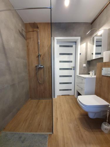 a bathroom with a toilet and a glass shower at Nałęczowski Horyzont in Nałęczów