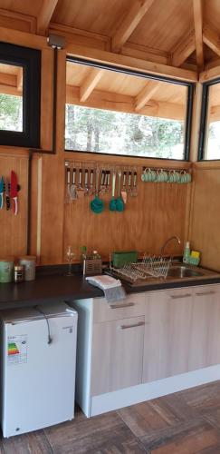 a kitchen with a sink and a counter top at Cabaña Chucao in Conguillio
