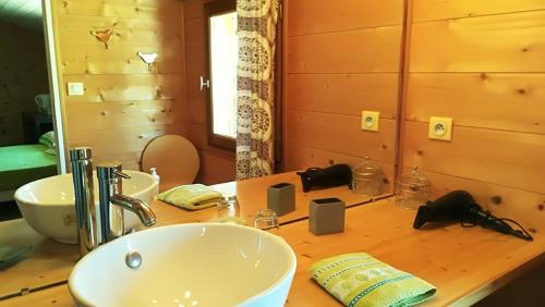 a bathroom counter with a sink and a mirror at Chambre d’Hôtes Neptune Wood in Arzens