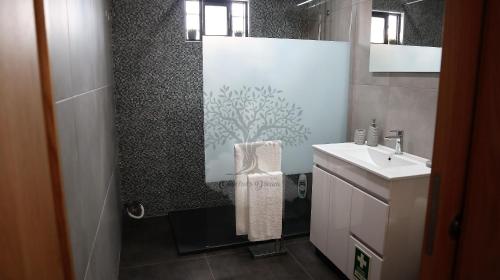 La salle de bains est pourvue d'un lavabo, de toilettes et d'un miroir. dans l'établissement Oliveira's Dream - Stay Good, Feel Good, à Maia