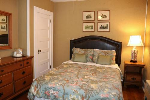 a bedroom with a bed and a dresser and a lamp at Echo Mountain Inn in Hendersonville