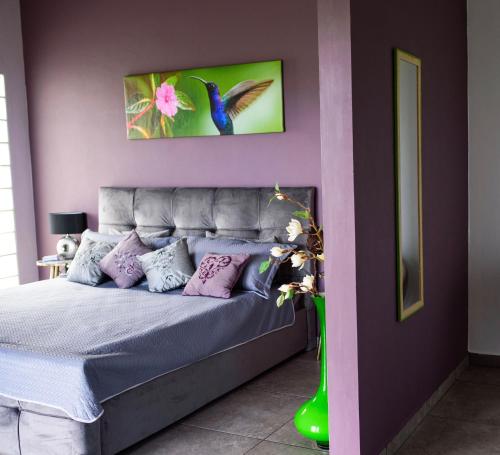 - une chambre avec un lit aux murs violets dans l'établissement Finca Colibri, à Boca Chica
