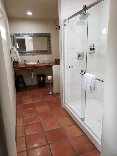a bathroom with a glass shower and a sink at Abiquiu Inn in Abiquiu