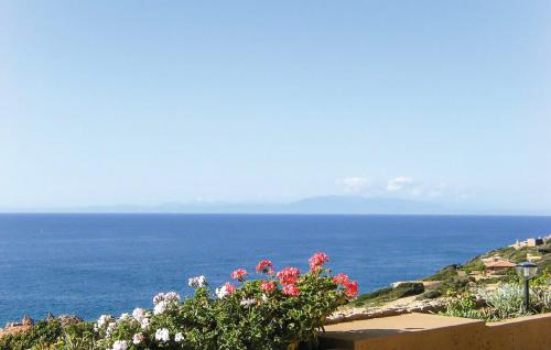 a view of the ocean from a hill with flowers at Villa Cecilia in Costa Paradiso