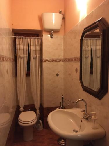 a bathroom with a toilet and a sink and a mirror at Dimora Rossetti in Volterra