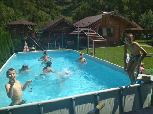 a group of children playing in a swimming pool at Зелена садиба над рікою in Slavske