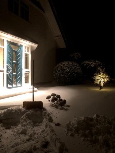 a house with a snow covered yard at night at An den Bergwiesen in Winterberg