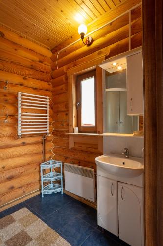 a bathroom with a sink and a mirror at Gostynnyi Dvir Burkut in Verkhovyna