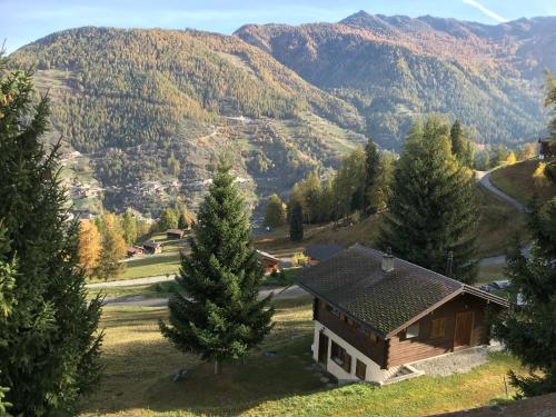 a house on a hill with mountains in the background at Chalet Lé Fèrtin in La Tzoumaz