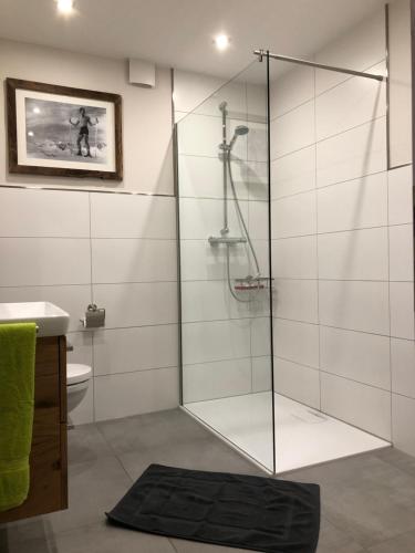 a bathroom with a shower with a glass door at An den Bergwiesen in Winterberg