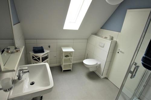 a bathroom with a sink toilet and a skylight at Stadtwohnung zur großen Buche in Leer