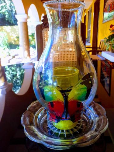 a glass vase on a glass plate with a butterfly on it at Casa Palagui Colonial in Valladolid