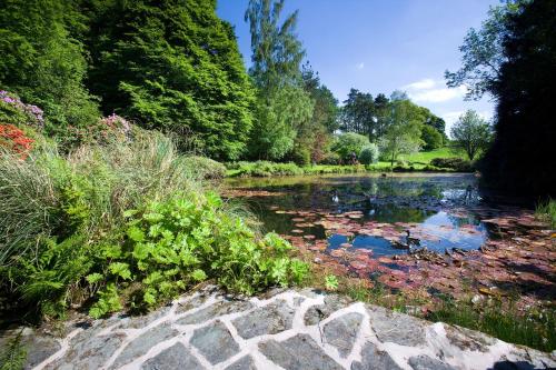 a garden with a pond with leaves in the water at Lindeth Fell Country House in Bowness-on-Windermere