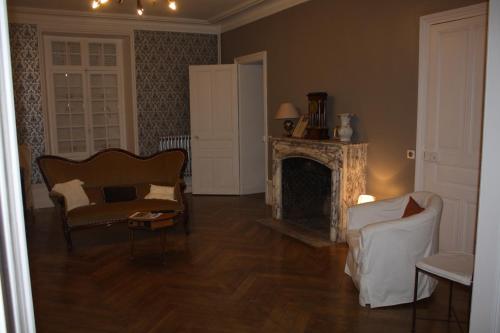 a living room with a couch and a fireplace at Domaine de Planchoury in Saint-Michel-sur-Loire