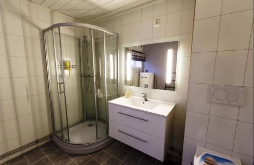 a bathroom with a shower and a sink and a mirror at Elfridastua in Sørvær