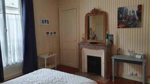 a bedroom with a bed and a mirror and a fireplace at La maison d`hôtes de Constance in Le Mans