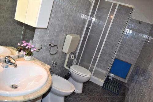 a bathroom with a toilet and a sink and a shower at Nonna Sicilia B&B in Capri Leone