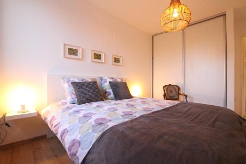 a bedroom with a large bed and a lamp at Colmar City Center - Bright and Large Appartement REMPARTS in Colmar
