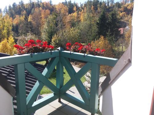 a balcony with red geraniums on the railing at Penzión Paula in Tatranská Lomnica
