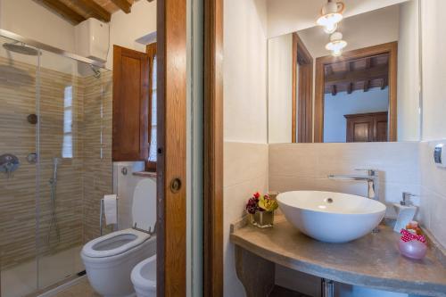 uma casa de banho com um lavatório, um WC e um espelho. em Villetta Armaiolo em Rapolano Terme