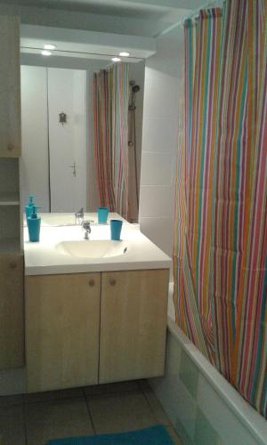 a bathroom with a sink and a shower curtain at T2 Turquoise Ondres plage avec piscine et tennis in Ondres
