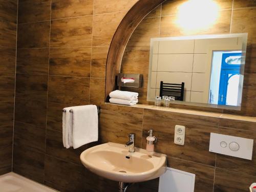 a bathroom with a sink and a mirror at Alter Ackerbuergerhof in Bad Frankenhausen