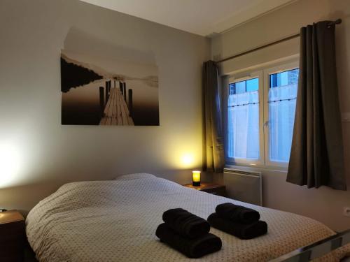 une chambre avec un lit avec deux serviettes dessus dans l'établissement La maisonnette au centre ville, à Lens