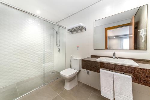 a bathroom with a toilet and a sink and a mirror at Intercity Portofino Florianópolis in Florianópolis