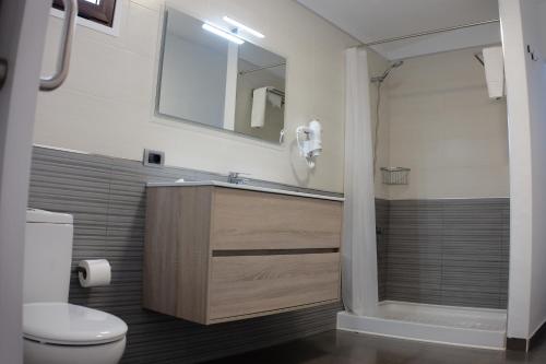 a bathroom with a toilet and a sink and a shower at Apartamentos Finca Wapa in Frontera