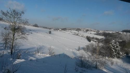 a snow covered hillside with trees and a field at Un brin de Paradis "appartement de 100 m²" in Harzé