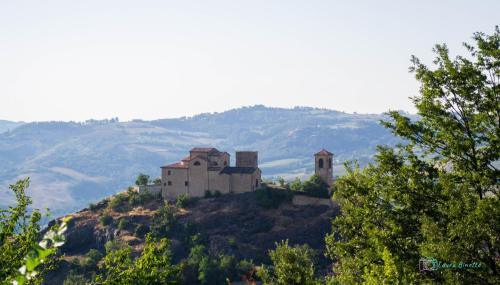 a castle on top of a hill with trees at Antiche Vie B&B in Serramazzoni