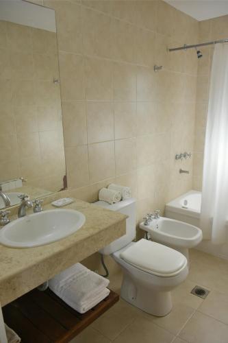 a bathroom with a sink and a toilet and a mirror at Apart Hotel Las Hadas Carilo in Carilo