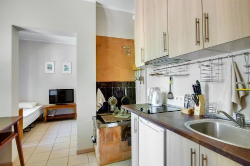a kitchen with a sink and a counter top at Riga Academic Guest House in Riga
