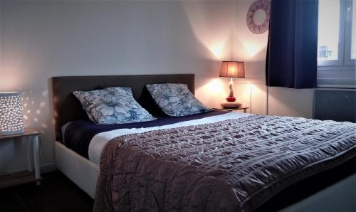 1 dormitorio con 1 cama grande y 2 almohadas en Le Soleil en Gironde en Vrillant