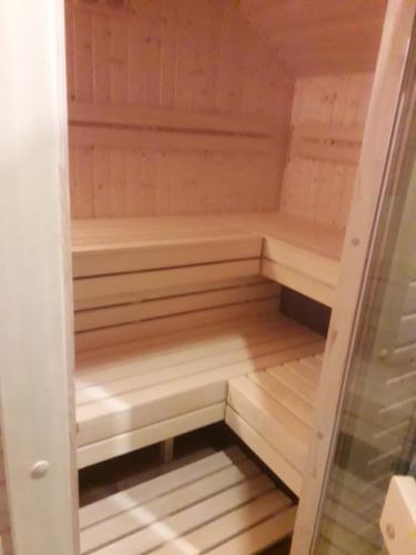 a walk in sauna with wood floors and a glass door at Agrohaczow za rzeką Apartament 8-osobowy in Haczów
